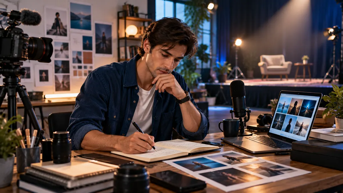 A performer planning a professional photo and video portfolio in a production studio