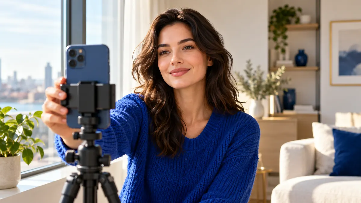 A woman taking a front-facing portrait with a phone on a tripod beside a bright window