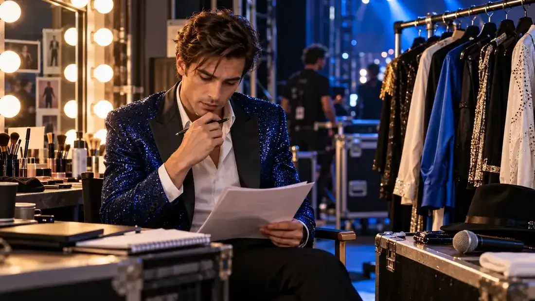 A tribute performer reviewing a booking agreement in a professional backstage area