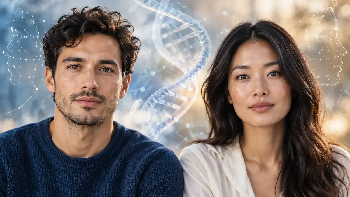 Two unrelated adults posed beside a subtle DNA helix and facial geometry
