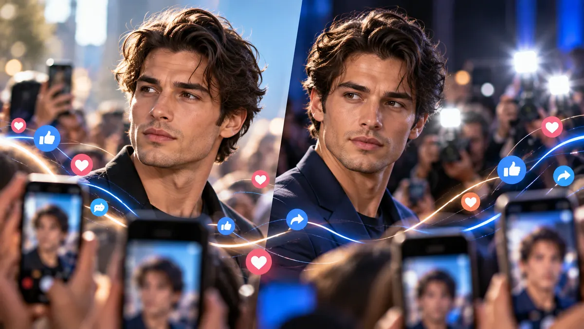 Two similar-looking men surrounded by cameras and abstract social reactions