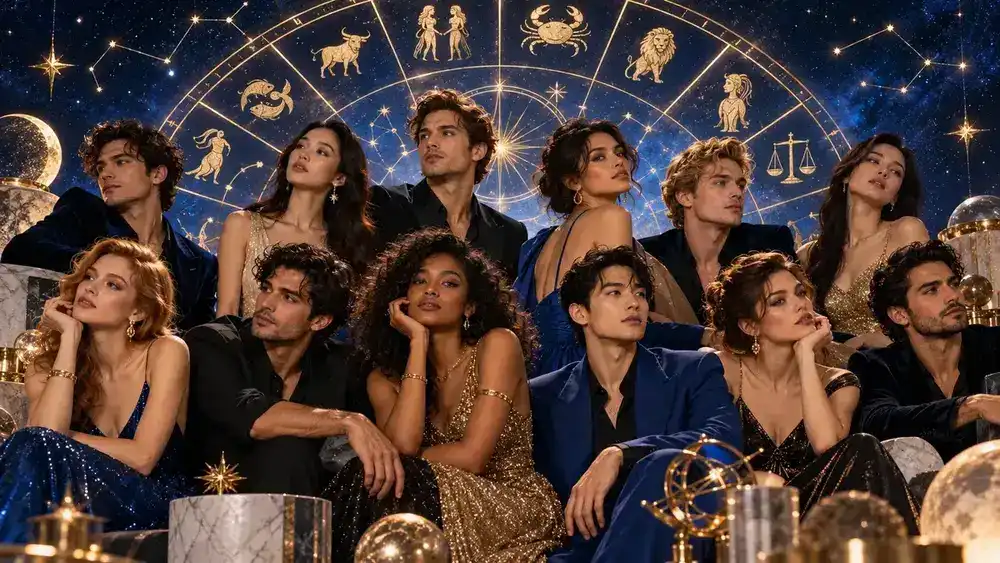 A diverse group posed beneath an ornate celestial zodiac wheel